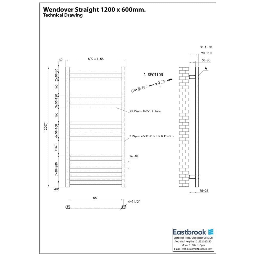 Eastbrook Ladder Rail Eastbrook Wendover Straight Vertical Heated Towel Rail in Matt Black