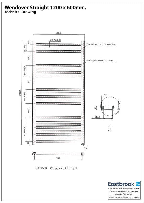 Eastbrook Ladder Rail Eastbrook Wendover Straight Heated Towel Rail in Anthracite