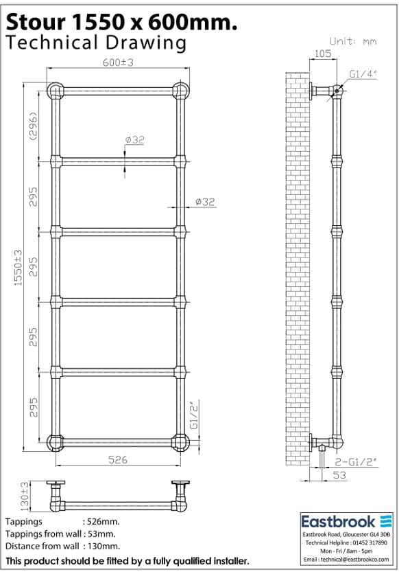 Eastbrook Traditional Towel Rail Eastbrook Stour Vertical Traditional Heated Towel Rail in Brushed Brass