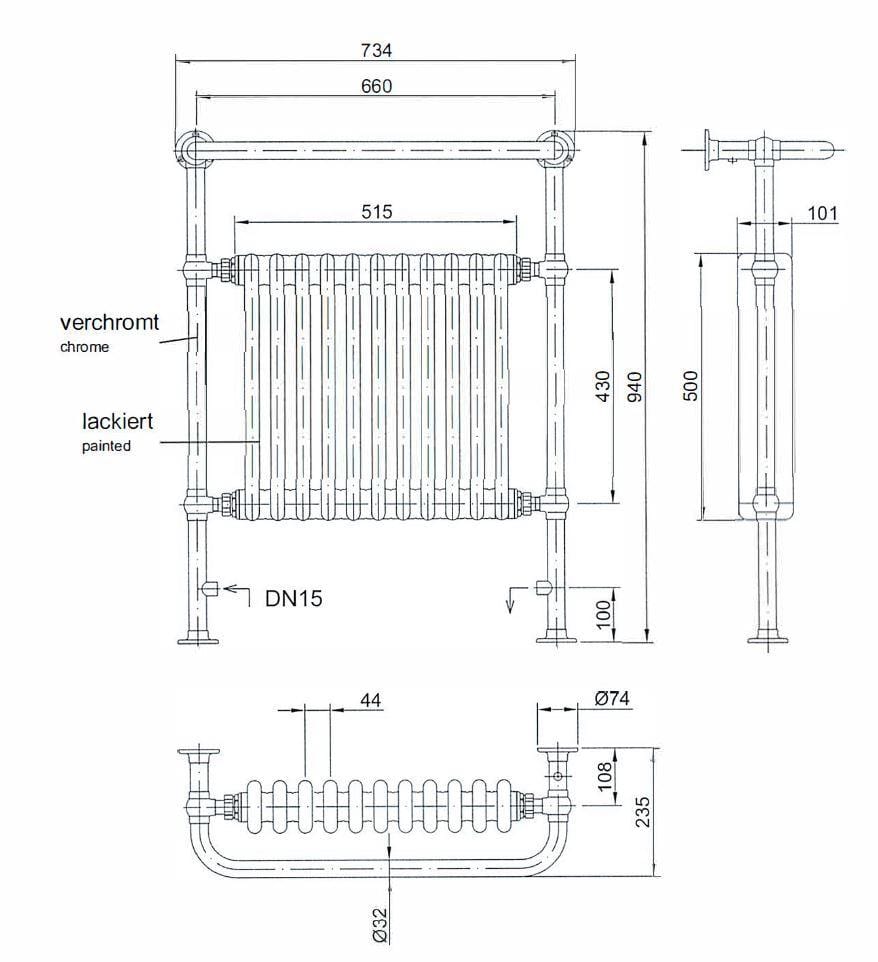 Heritage Insert Radiators Heritage Clifton Traditional Straight Vertical Heated Towel Radiator - Floor Mounted - 940mm X 735mm - Chrome - AHC73