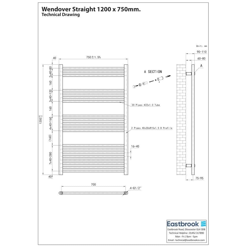 Eastbrook Ladder Rail Eastbrook Wendover Straight Vertical Heated Towel Rail in Matt Black