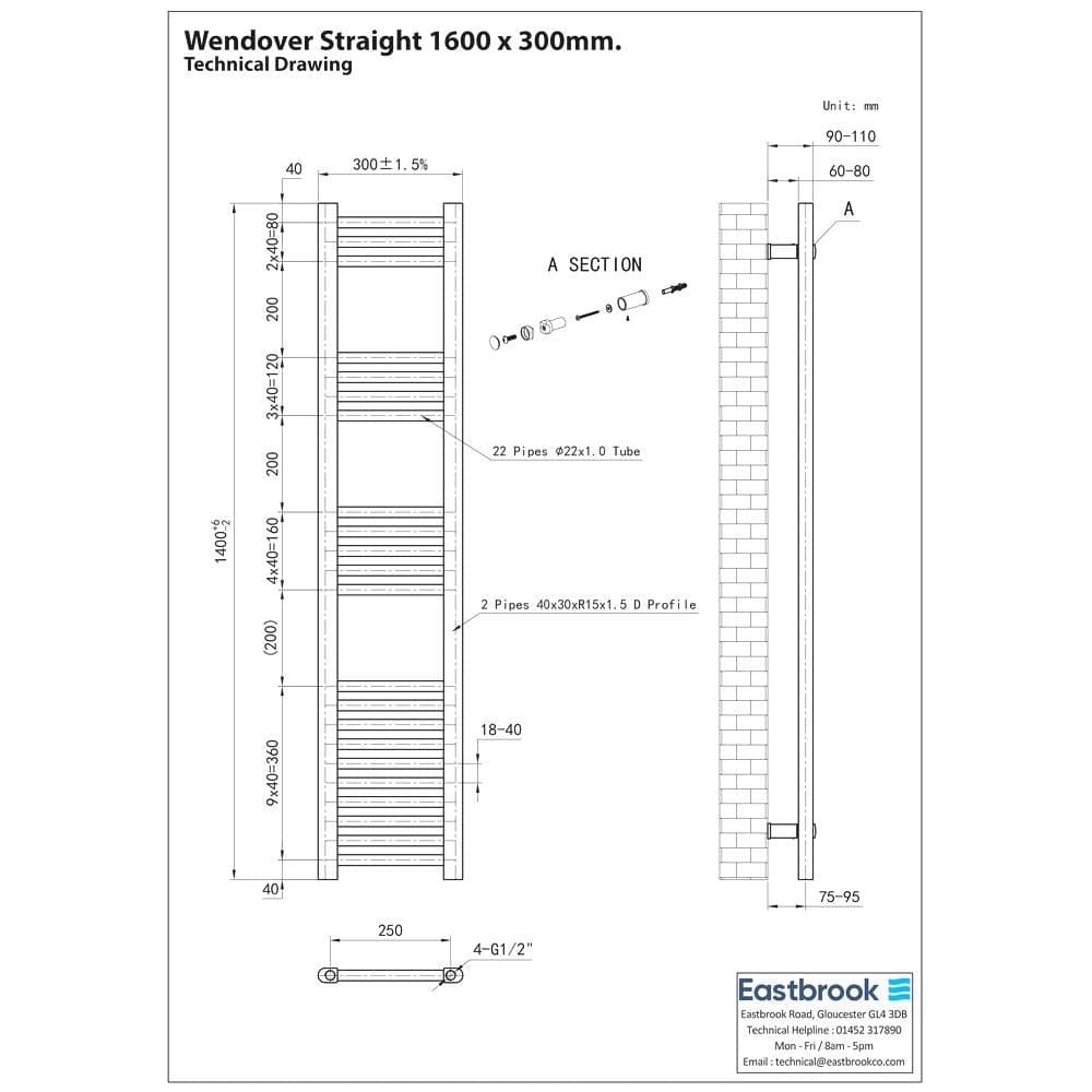 Eastbrook Ladder Rails Eastbrook Wendover Straight Vertical Heated Towel Rail in Matt Black