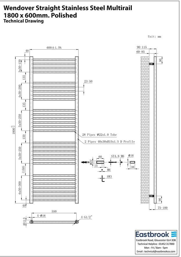 Eastbrook Ladder Rail Eastbrook Wendover Straight Vertical Heated Towel Rail in Polished Stainless Steel
