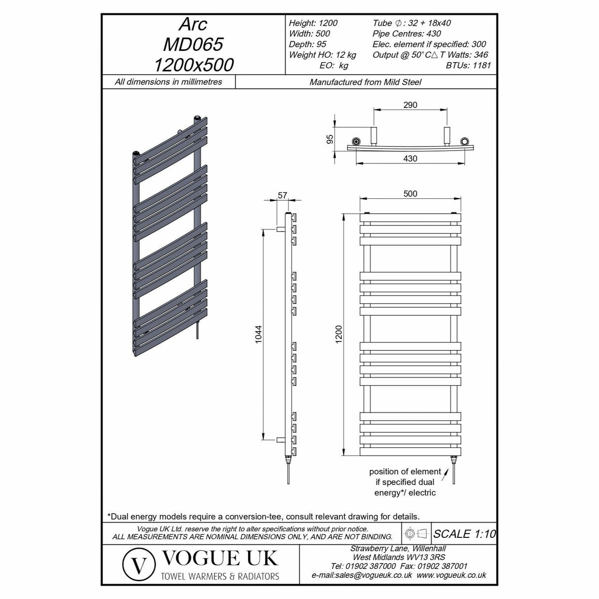 Vogue Designer Towel Radiators Vogue Arc Designer Towel Radiator in Chrome 1200 x 500 / Dual Fuel