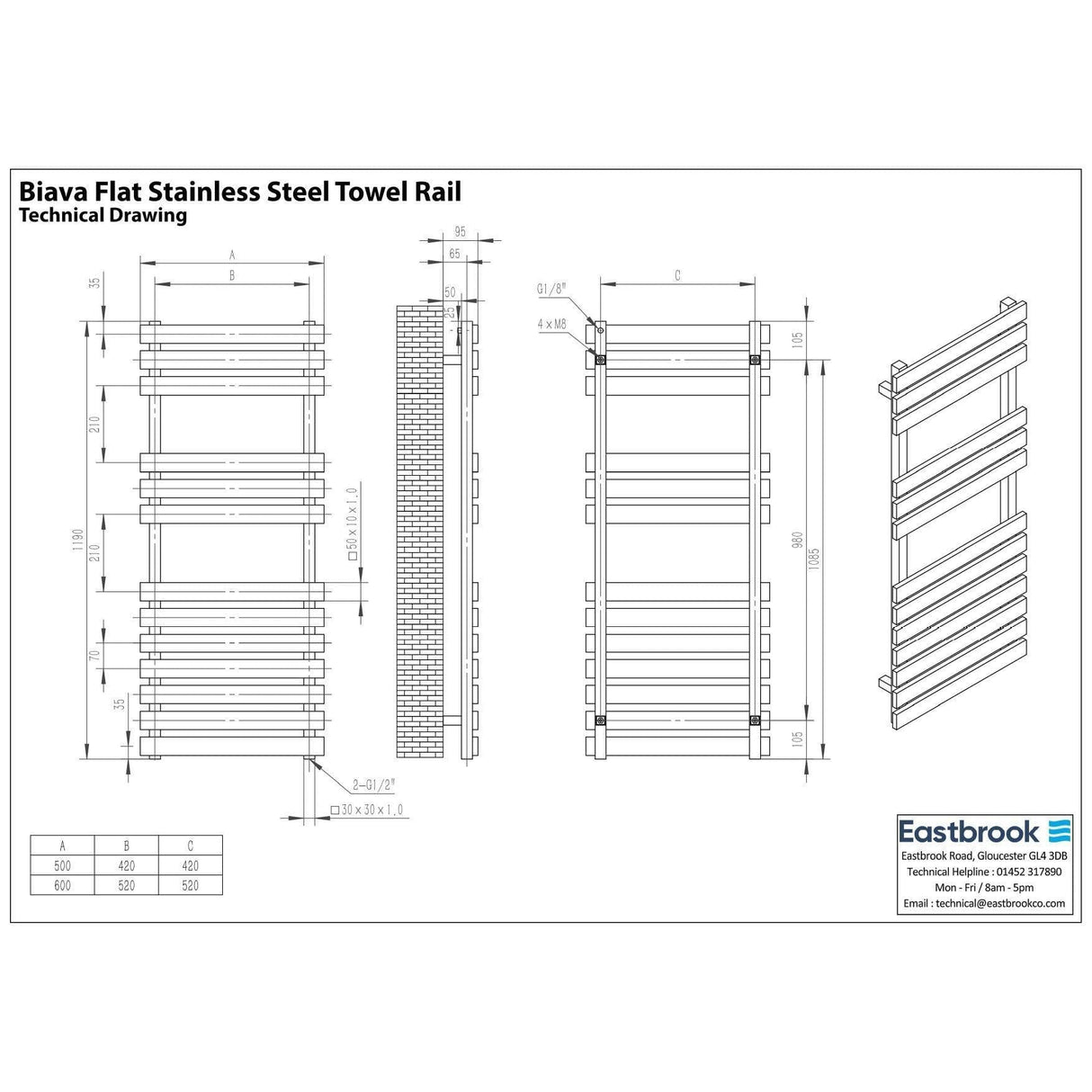 Eastbrook Designer Towel Radiator Eastbrook Biava Flat Straight Vertical Towel Rail in Chrome