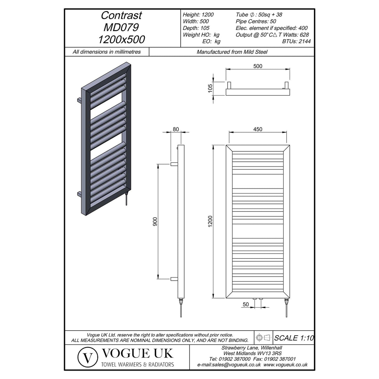 Vogue Designer Towel Radiators Vogue Contrast Designer Radiator in Matt Black 1200 x 500 / Electric Only