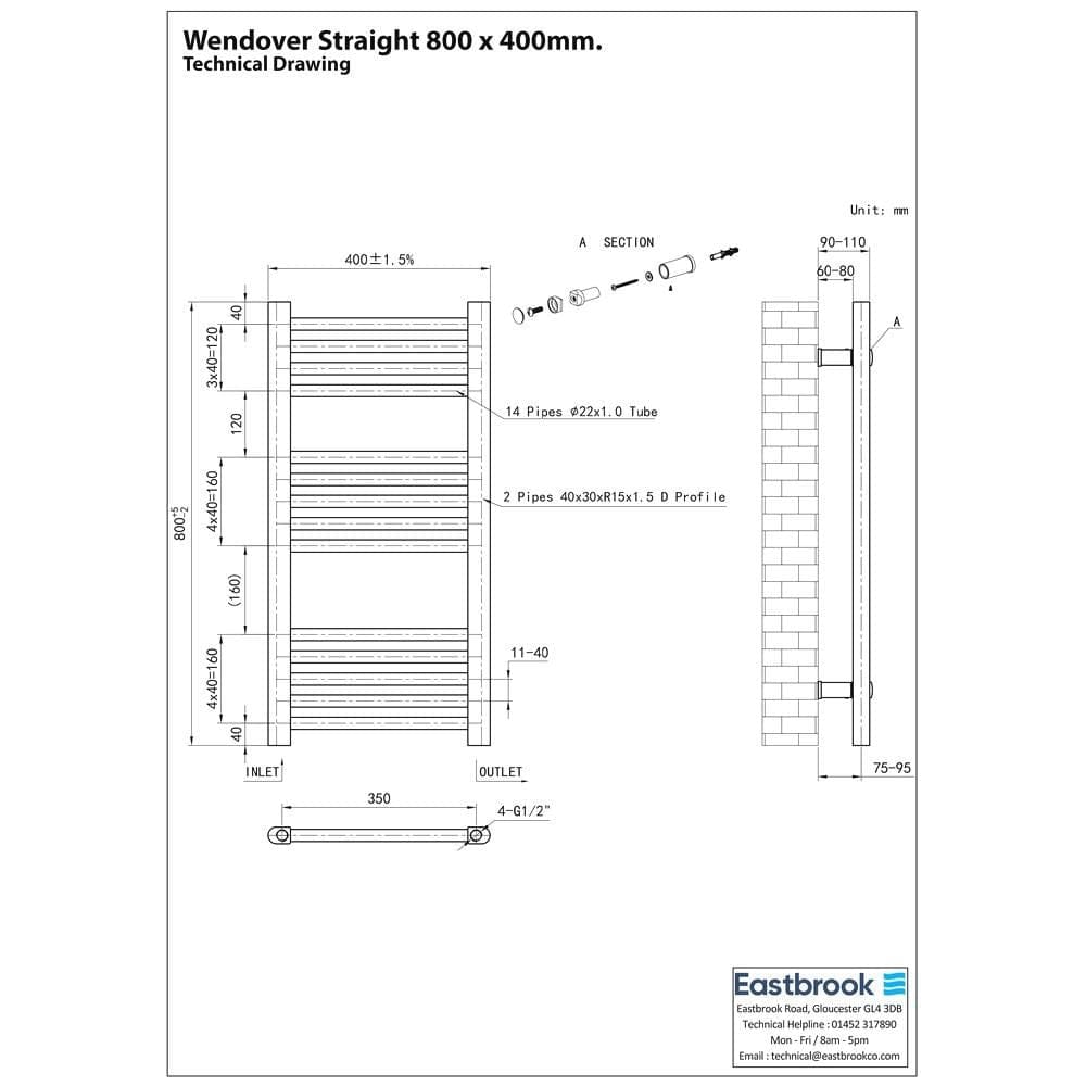 Eastbrook Ladder Rail Eastbrook Wendover Straight Vertical Heated Towel Rail in Matt Black