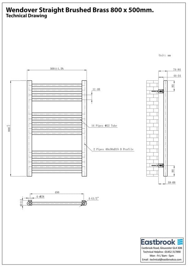 Eastbrook Ladder Rails Eastbrook Wendover Straight Heated Towel Rail in Brushed Brass
