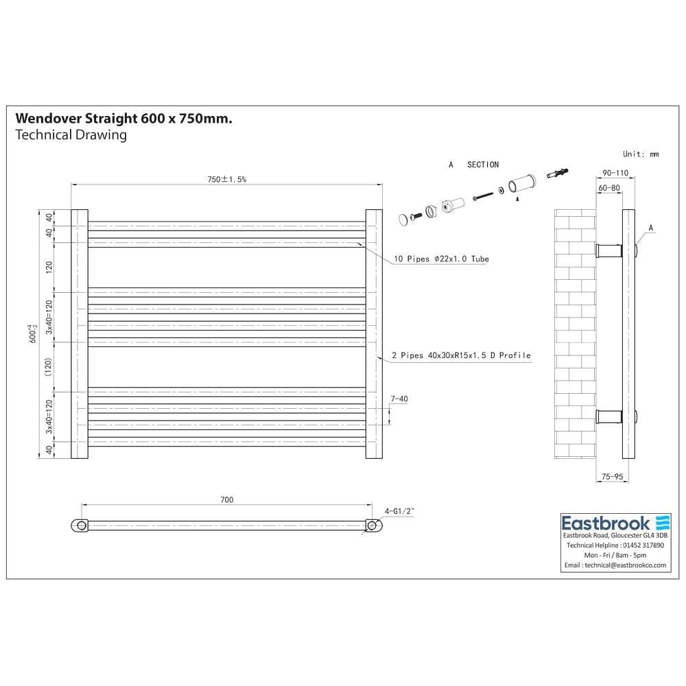 Eastbrook Ladder Rail Eastbrook Wendover Straight Vertical Heated Towel Rail in Matt Black