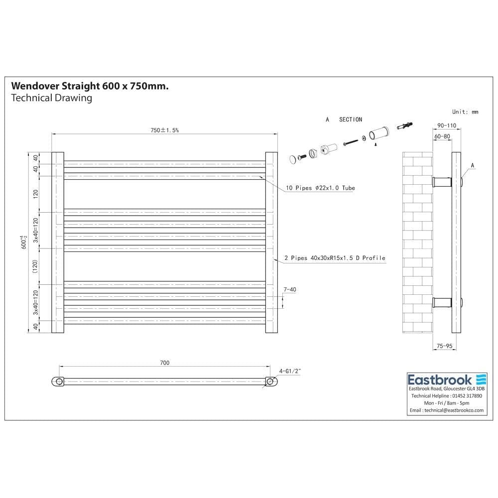 Eastbrook Wendover Straight Vertical Heated Towel Rail in Matt Black