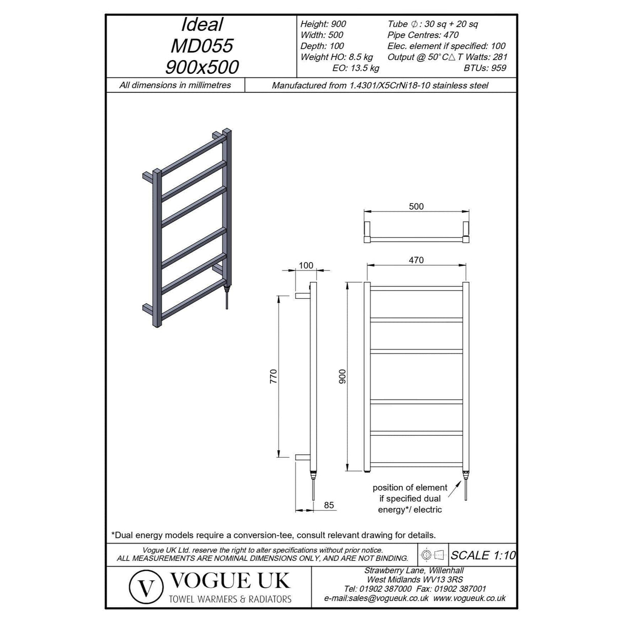 Vogue Vogue Ideal Straight Designer Towel Radiator in Polished Stainless Steel 900 x 500 / Central Heating