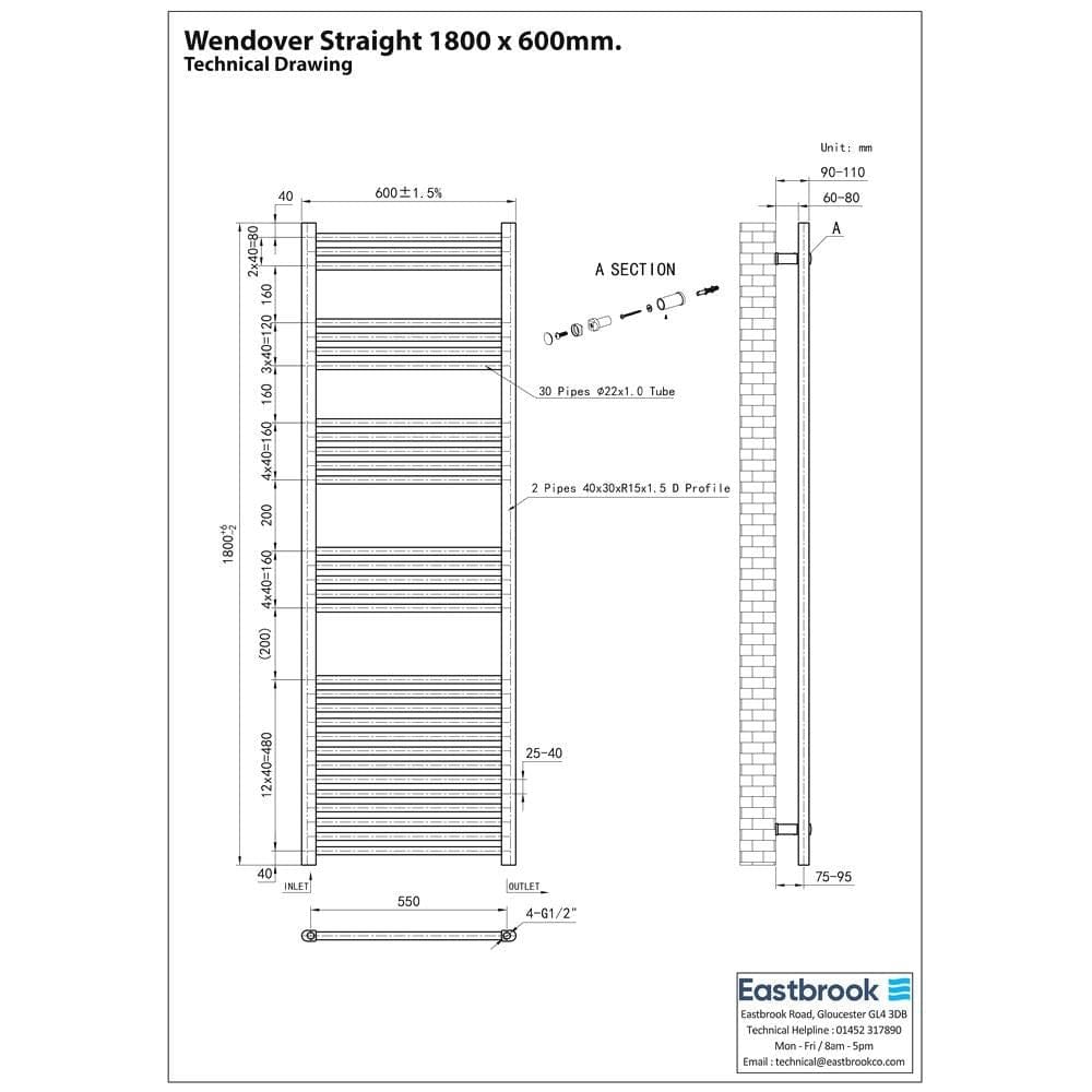 Eastbrook Ladder Rail Eastbrook Wendover Straight Vertical Heated Towel Rail in Matt Black