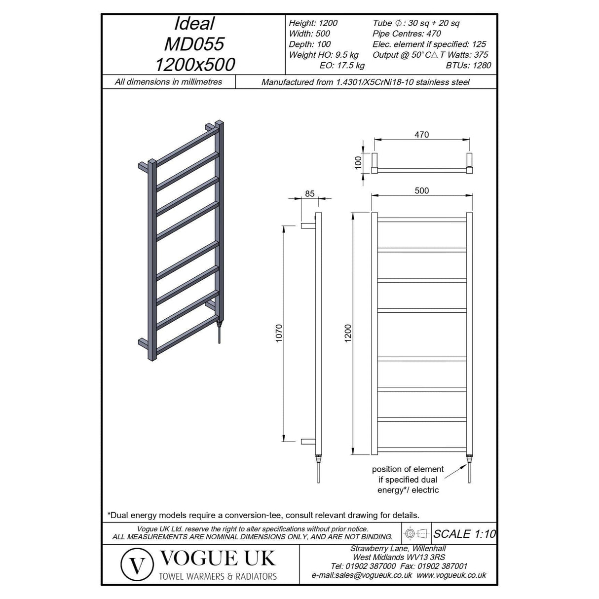 Vogue Vogue Ideal Straight Designer Towel Radiator in Polished Stainless Steel 1200 x 500 / Electric Only