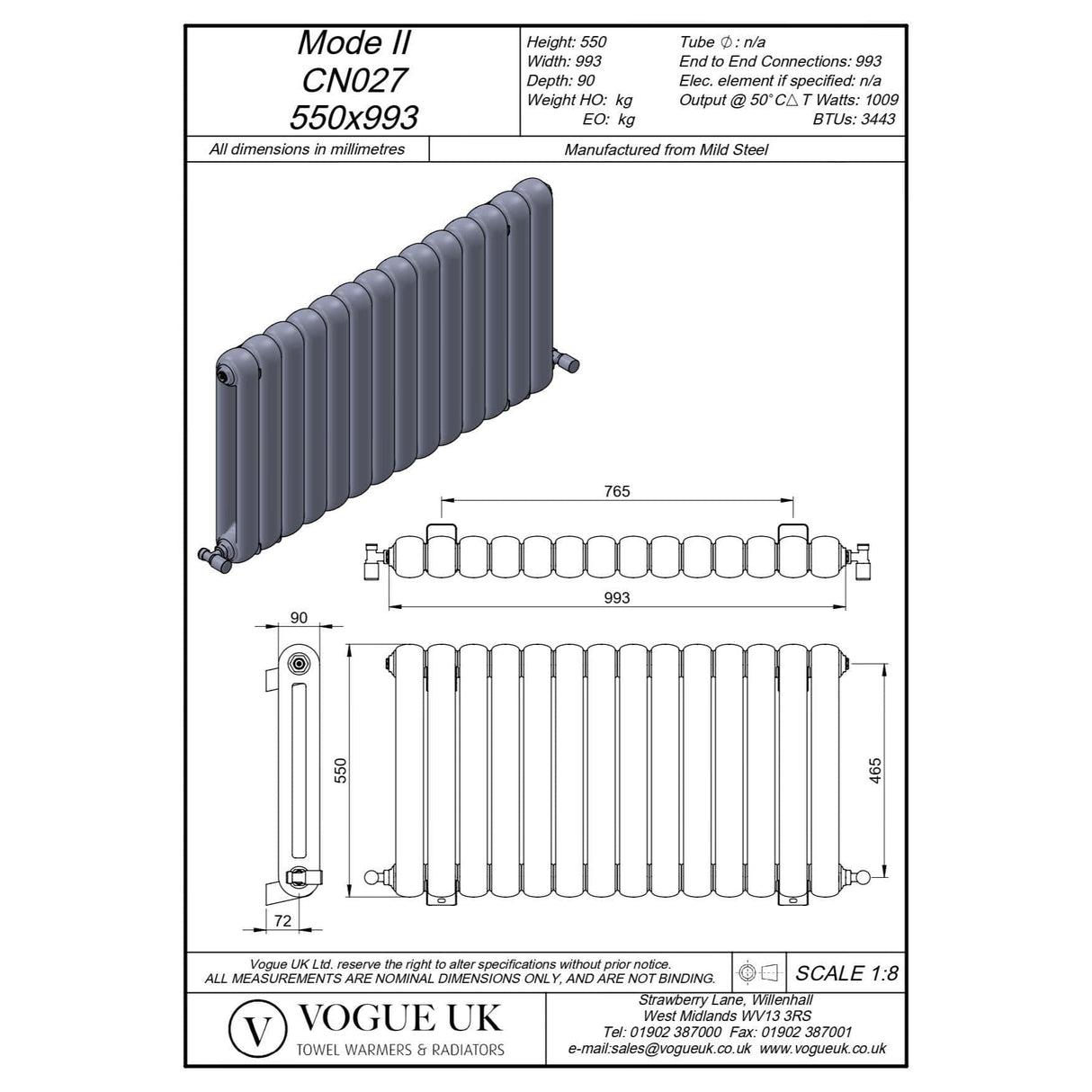 Vogue Column Radiators Vogue Mode II Traditional 2 Column Radiator in White 550 x 993mm