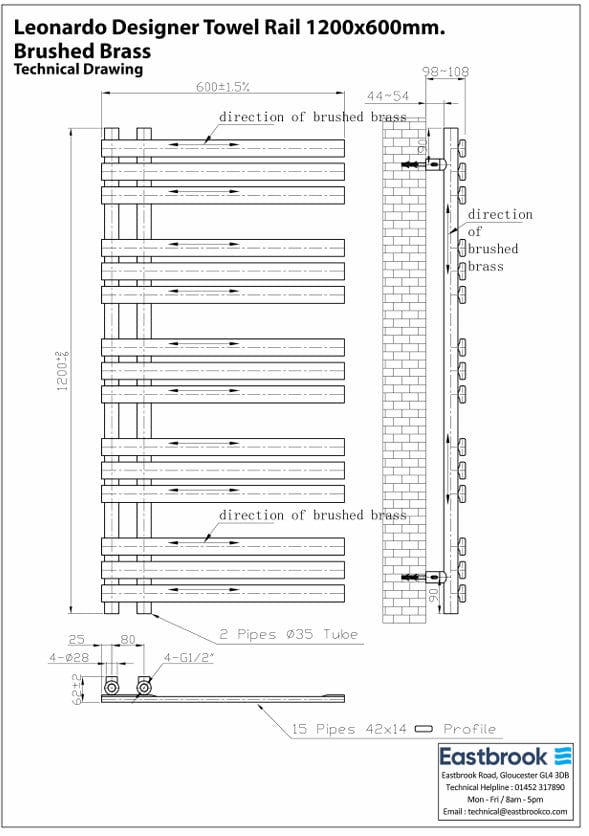 Eastbrook Designer Towel Radiators Eastbrook Leonardo Straight Vertical Heated Towel Rail in Brushed Brass