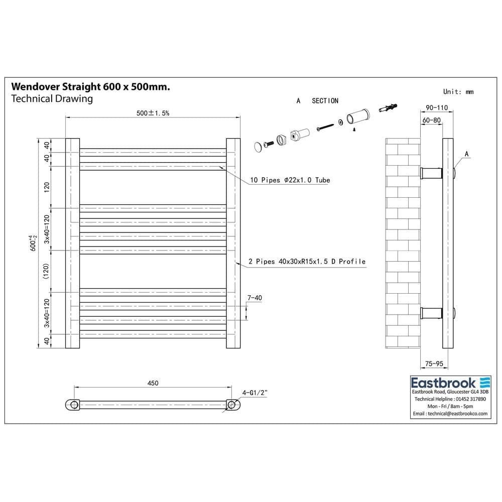Eastbrook Ladder Rail Eastbrook Wendover Straight Vertical Heated Towel Rail in Matt Black
