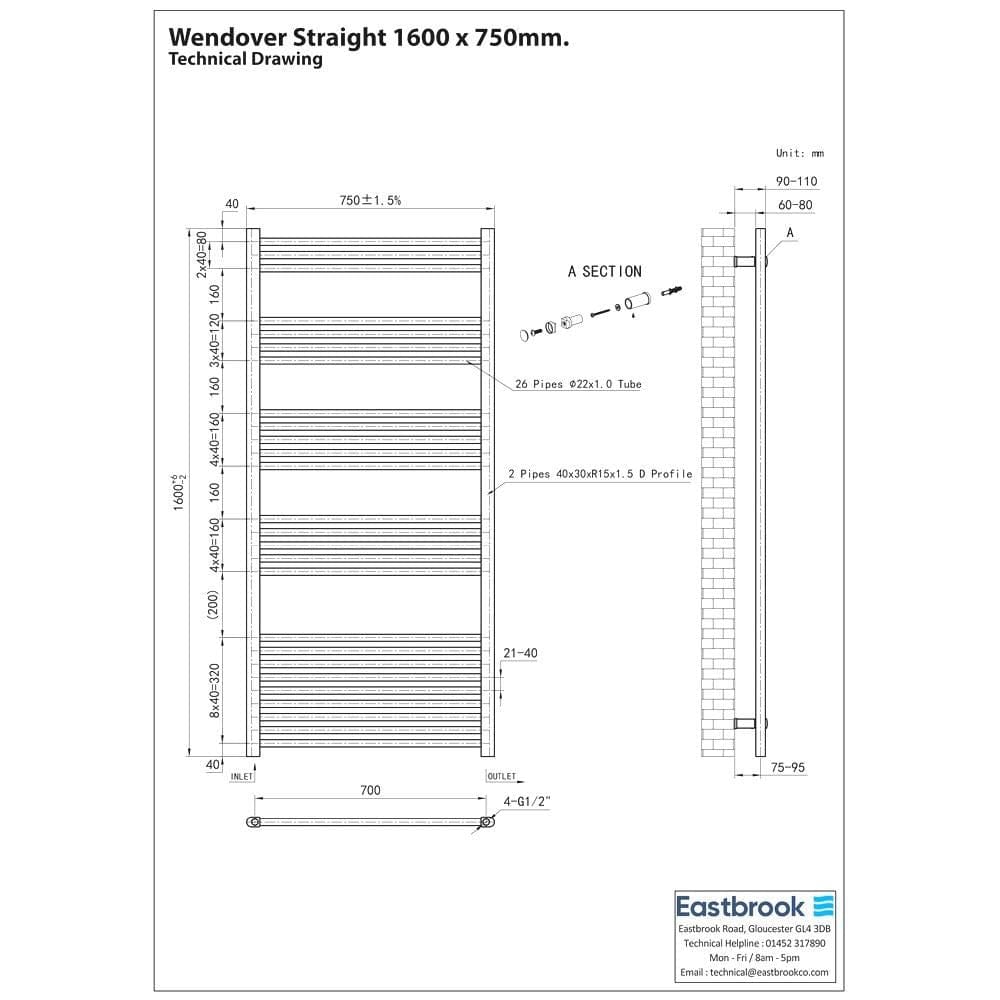 Eastbrook Ladder Rail Eastbrook Wendover Straight Vertical Heated Towel Rail in Matt Black