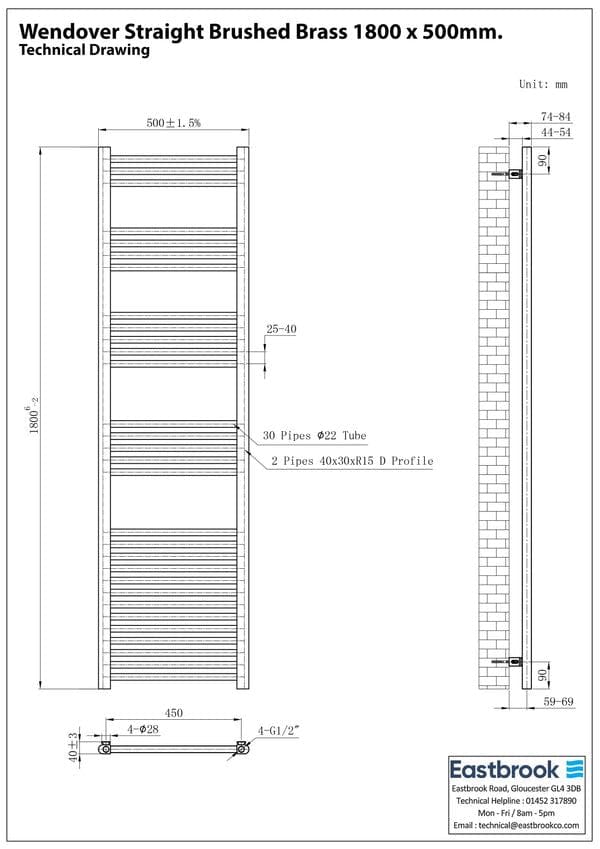 Eastbrook Ladder Rails Eastbrook Wendover Straight Heated Towel Rail in Brushed Brass