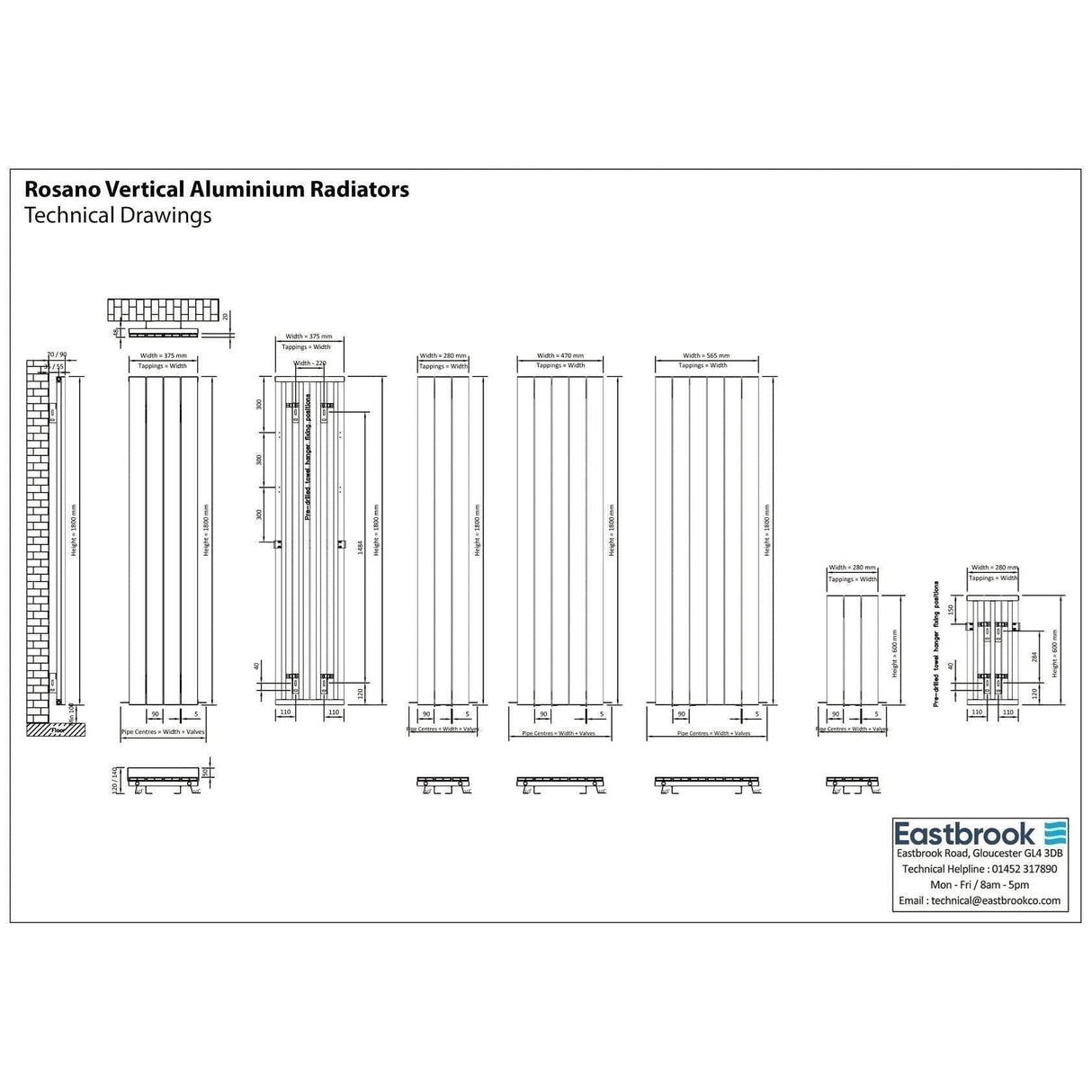 Eastbrook Panel Radiator Eastbrook Rosano Straight Vertical Aluminium Radiator in Matt Black