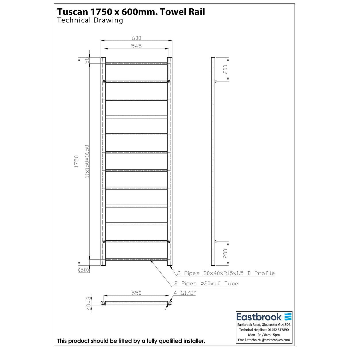 Eastbrook Ladder Rail Eastbrook Tuscan Round Heated Towel Rail in Chrome