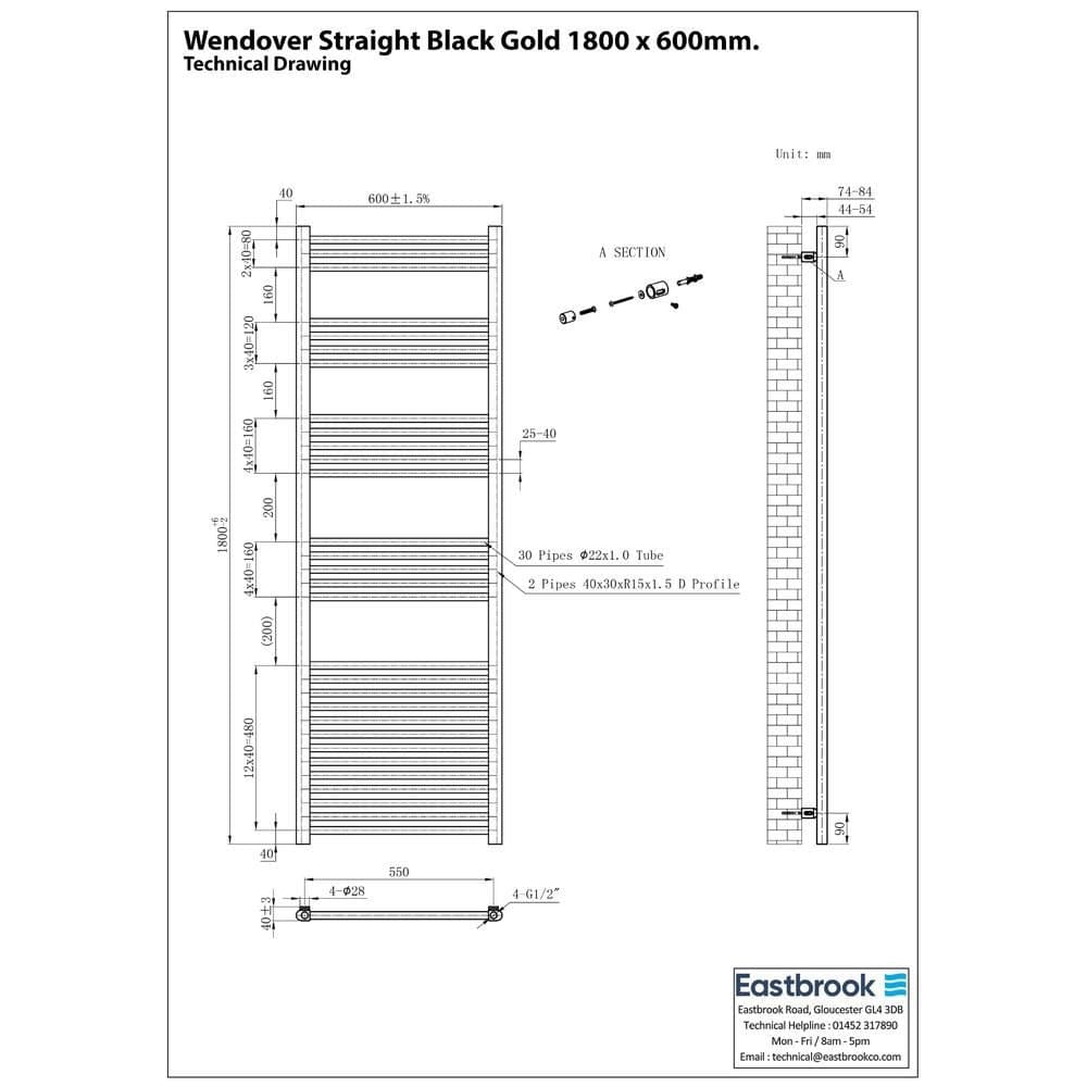 Eastbrook Ladder Rail Eastbrook Wendover Straight Heated Towel Rail in Black Gold