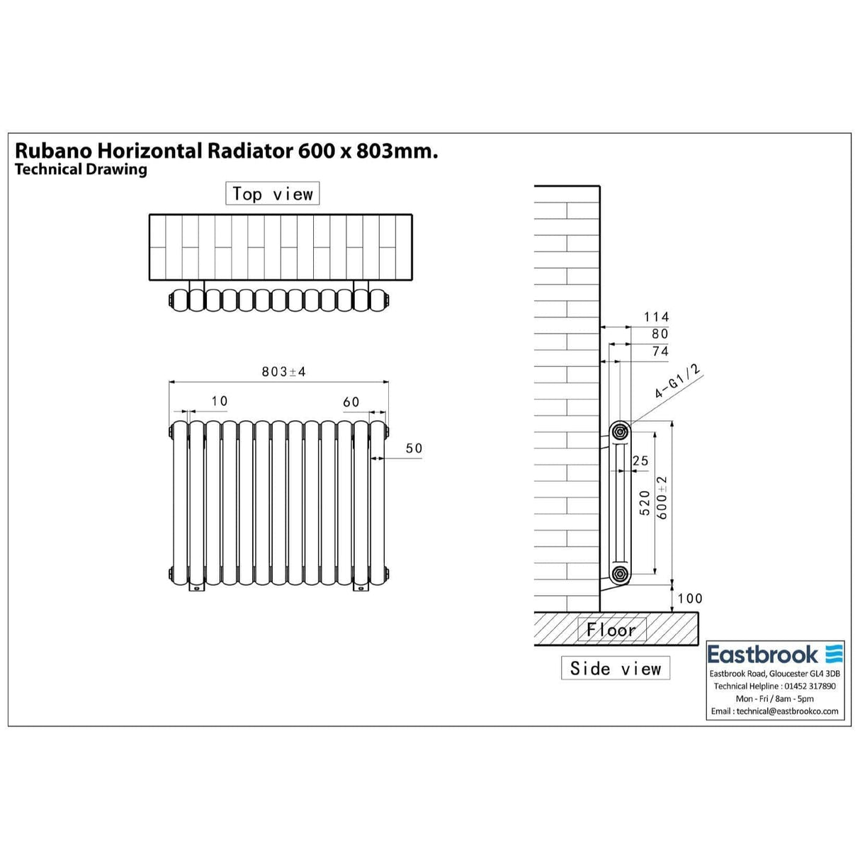 Eastbrook Column Radiators Eastbrook Rubano Straight Horizontal Traditional Column Radiator in Gloss White