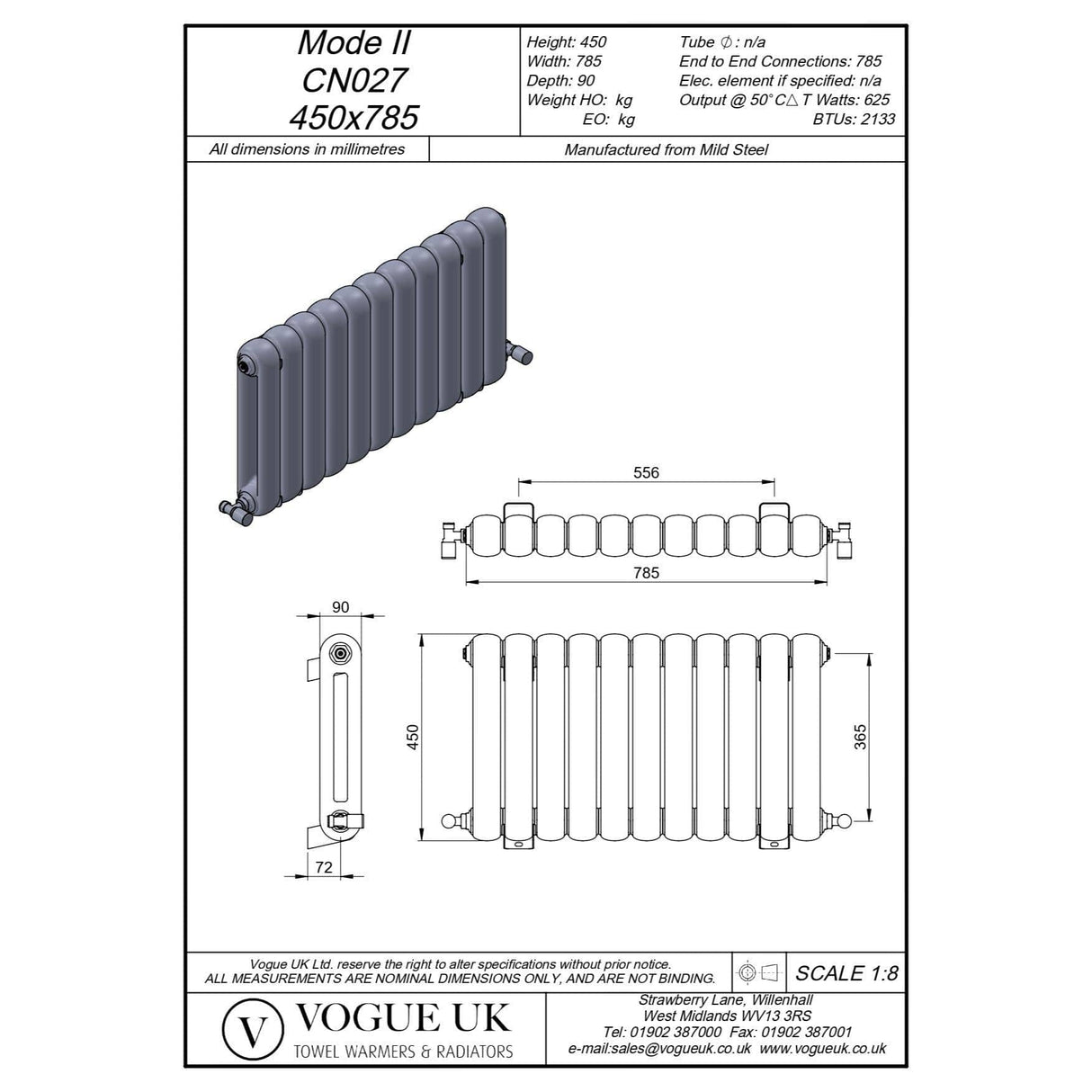 Vogue Column Radiators Vogue Mode II Traditional 2 Column Radiator in White 450 x 785mm