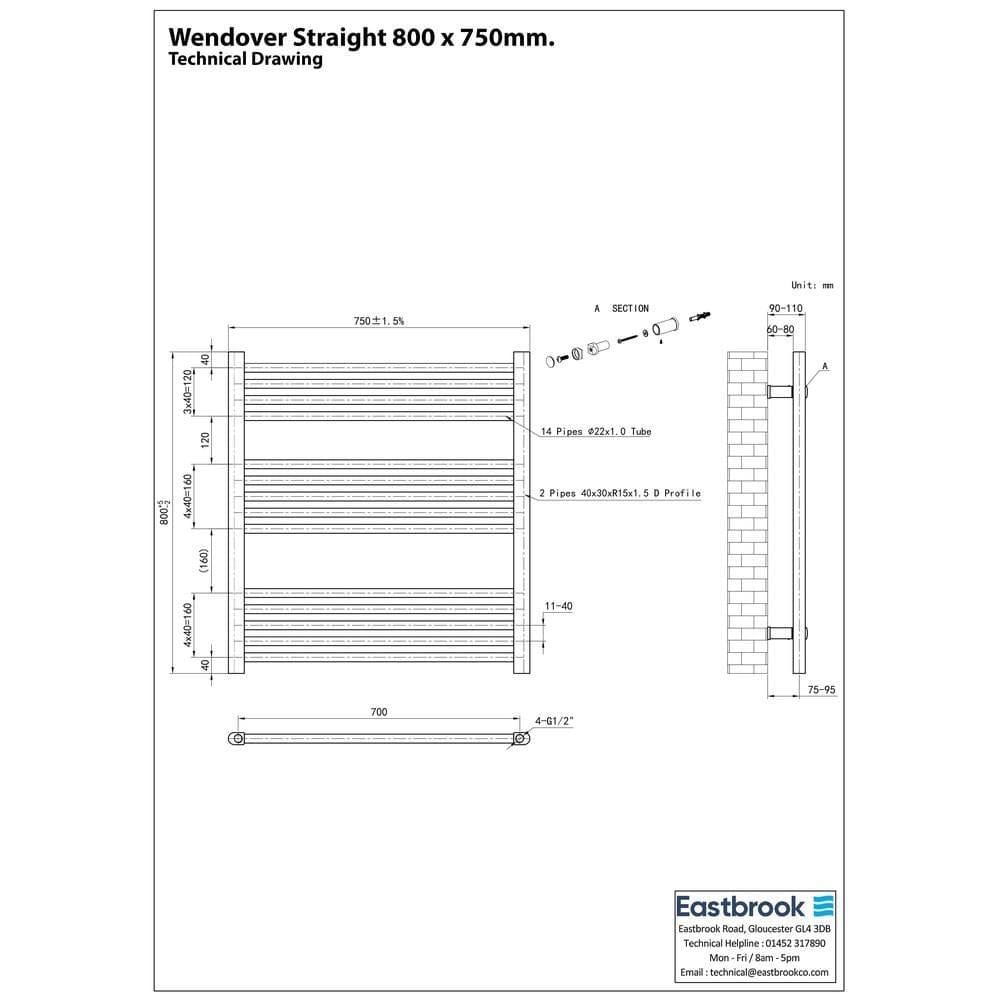 Eastbrook Ladder Rail Eastbrook Wendover Straight Vertical Heated Towel Rail in Matt Black