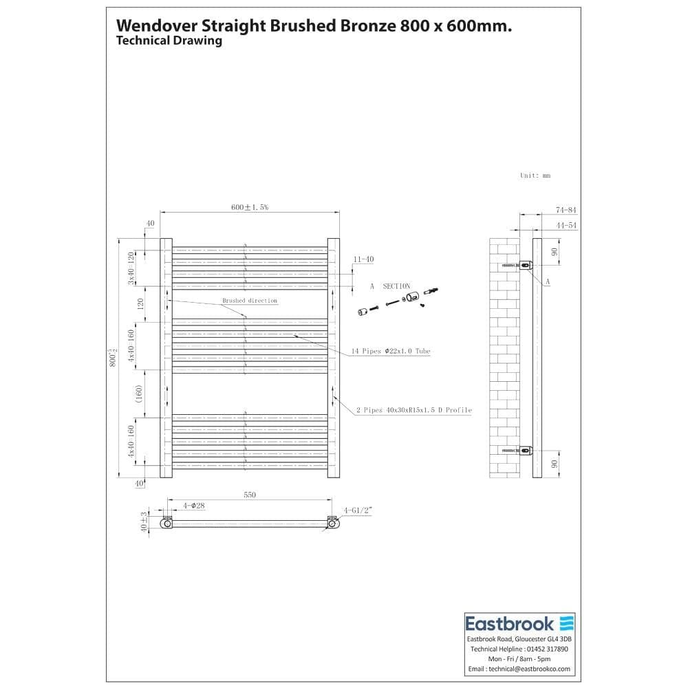 Eastbrook Ladder Rail Eastbrook Wendover Straight Heated Towel Rail in Brushed Gunmetal