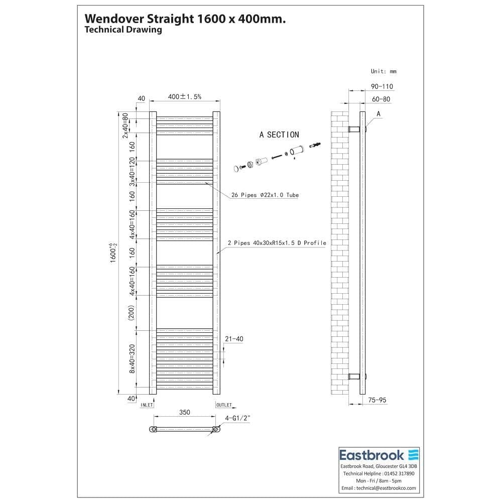 Eastbrook Ladder Rails Eastbrook Wendover Straight Vertical Heated Towel Rail in Matt Black