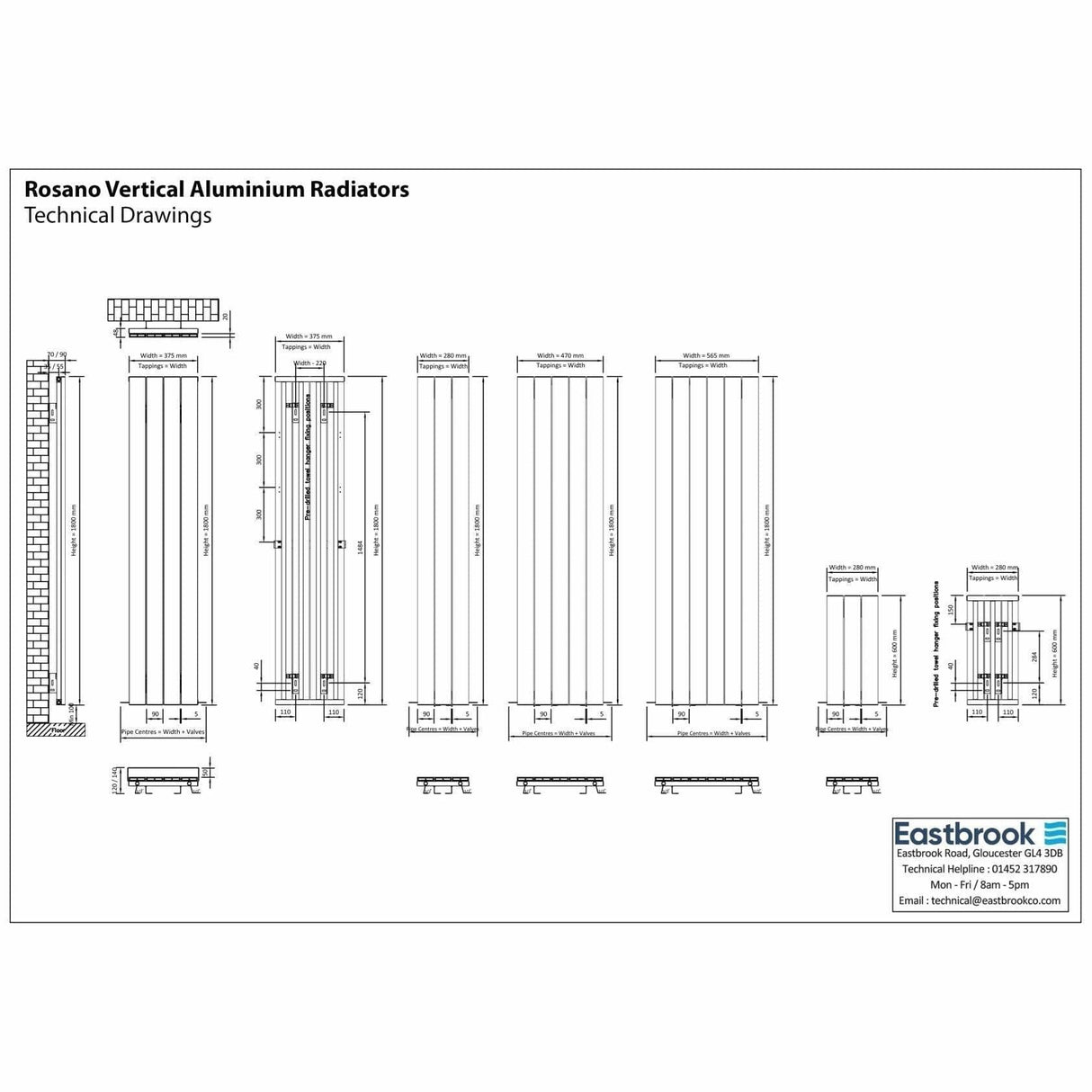 Eastbrook Panel Radiator Eastbrook Rosano Straight Vertical Aluminium Radiator in Matt Anthracite