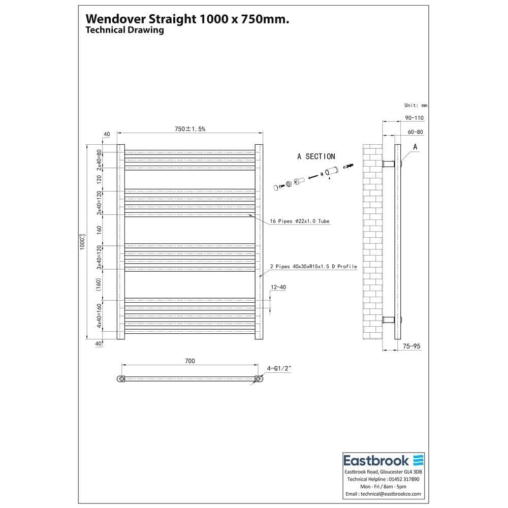 Eastbrook Ladder Rail Eastbrook Wendover Straight Vertical Heated Towel Rail in Matt Black