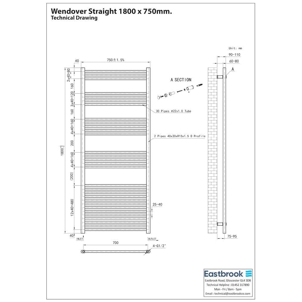 Eastbrook Ladder Rail Eastbrook Wendover Straight Vertical Heated Towel Rail in Matt Black