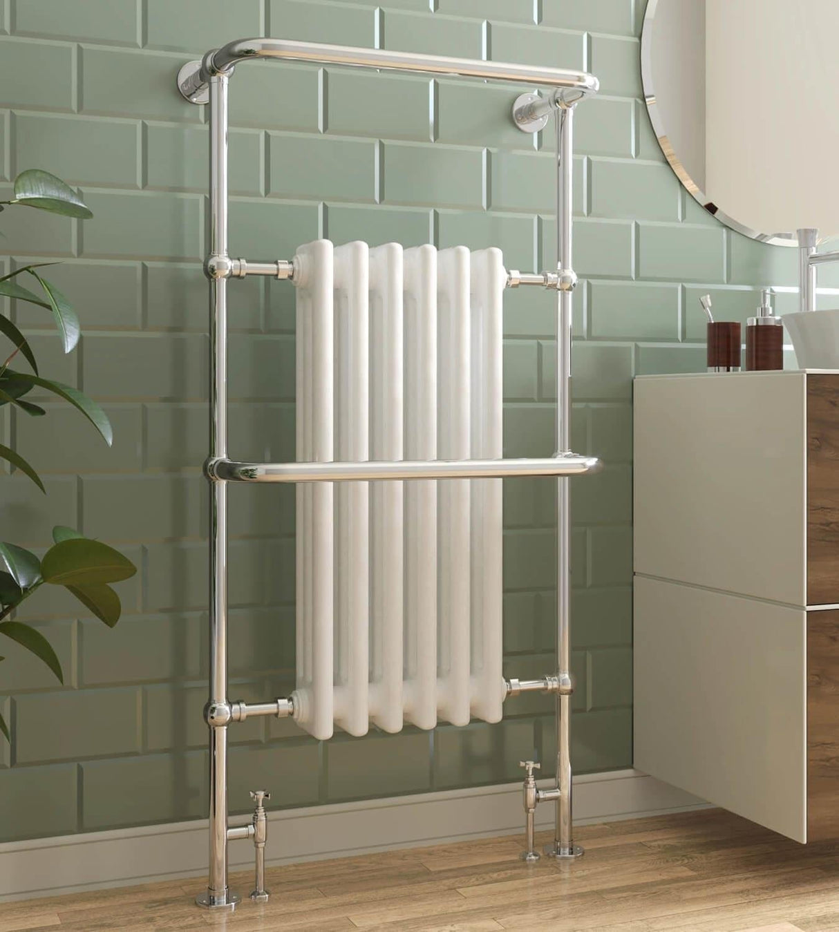 Heritage Insert Radiators Heritage Cabot Traditional Vertical Heated Towel Radiator - Floor Mounted - 1500 x 580 - Chrome/White - AHC103
