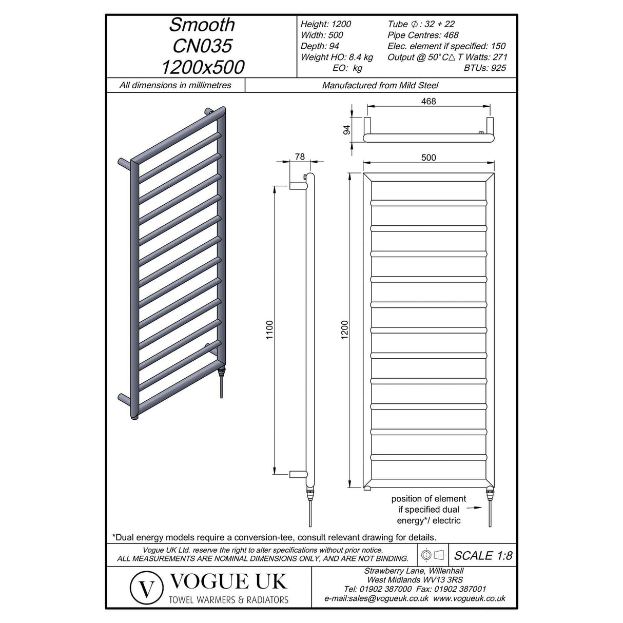 Vogue Designer Towel Radiators Vogue Smooth Straight Vertical Designer Towel Rail in Chrome 1200 x 500 / Central Heating