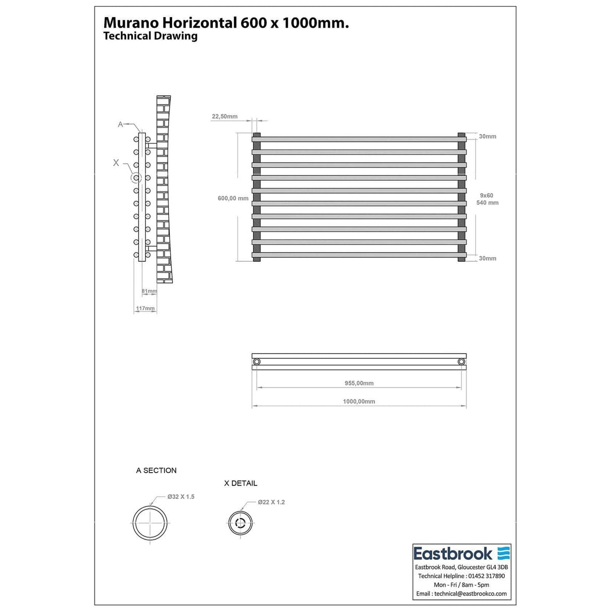 Eastbrook Designer Towel Radiator Eastbrook Murano Horizontal Designer Radiator in Matt Anthracite