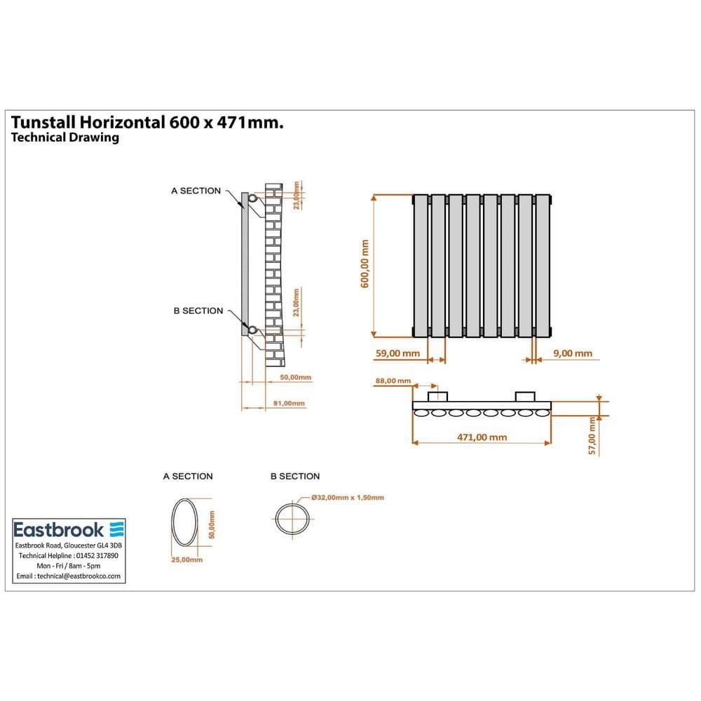 Eastbrook Panel Radiator Eastbrook Tunstall Straight Horizontal Designer Radiator in Matt Black