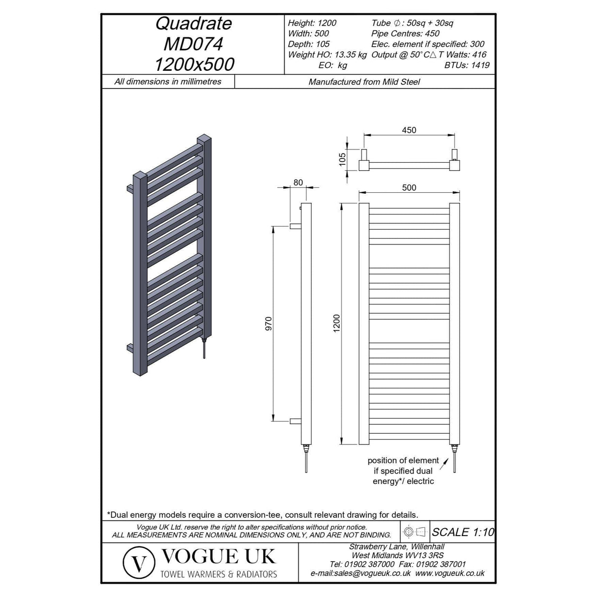 Vogue Designer Towel Radiator Vogue Quadrate Straight Designer Towel Radiator in Chrome 1200 x 500 / Dual Fuel
