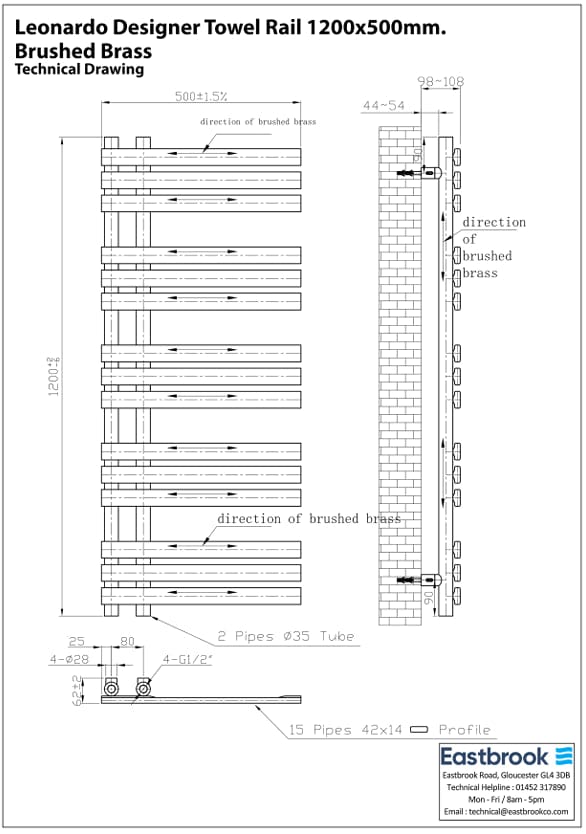 Eastbrook Designer Towel Radiators Eastbrook Leonardo Straight Vertical Heated Towel Rail in Brushed Brass