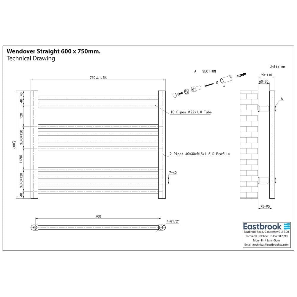 Eastbrook Eastbrook Wendover Straight Vertical Heated Towel Rail in Matt Black