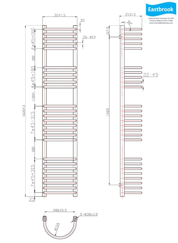Eastbrook Designer Towel Radiators Eastbrook Mezzo Tondo Curved Vertical Heated Towel Rail - 1600mm x 320mm - Chrome - Central Heating - 41.0248