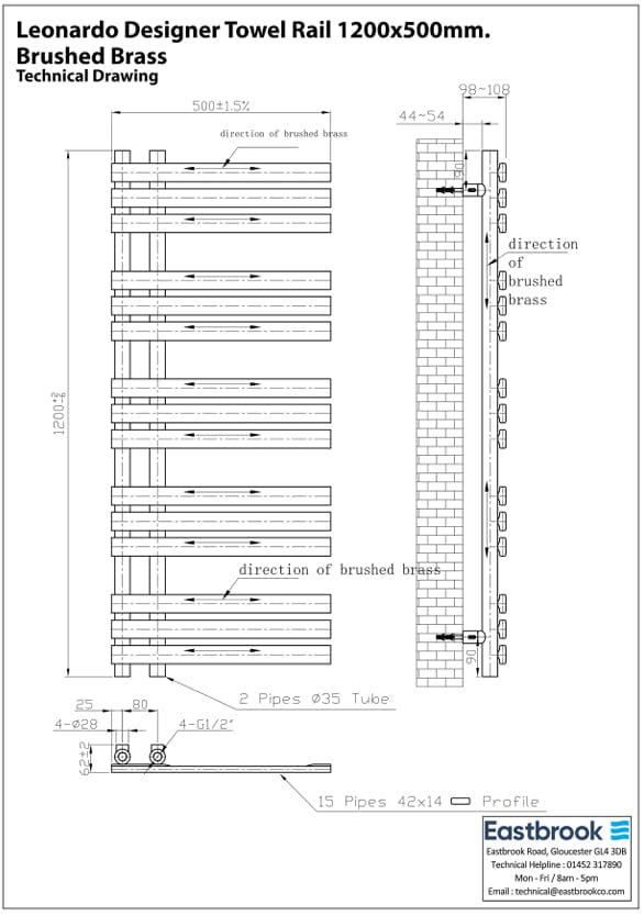 Eastbrook Designer Towel Radiators Eastbrook Leonardo Straight Vertical Heated Towel Rail in Brushed Brass
