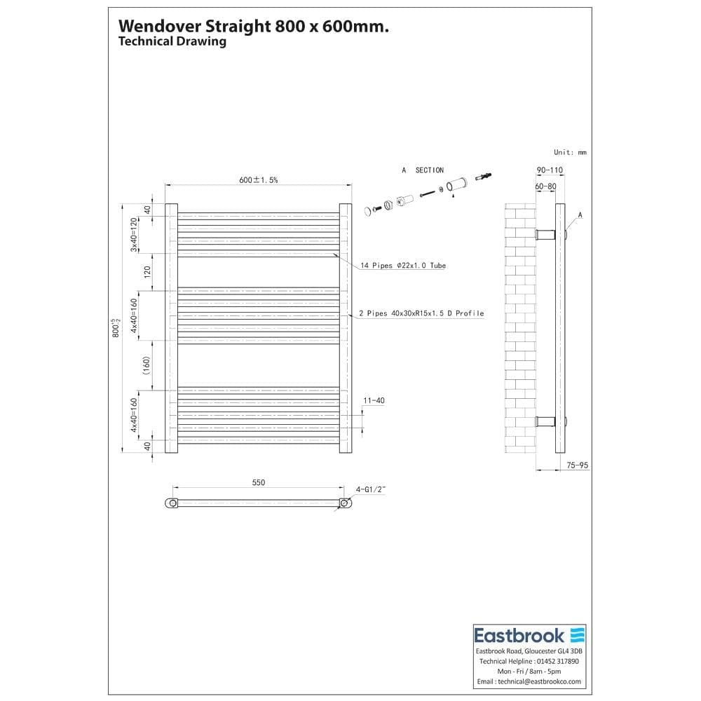 Eastbrook Ladder Rail Eastbrook Wendover Straight Heated Towel Rail in Chrome