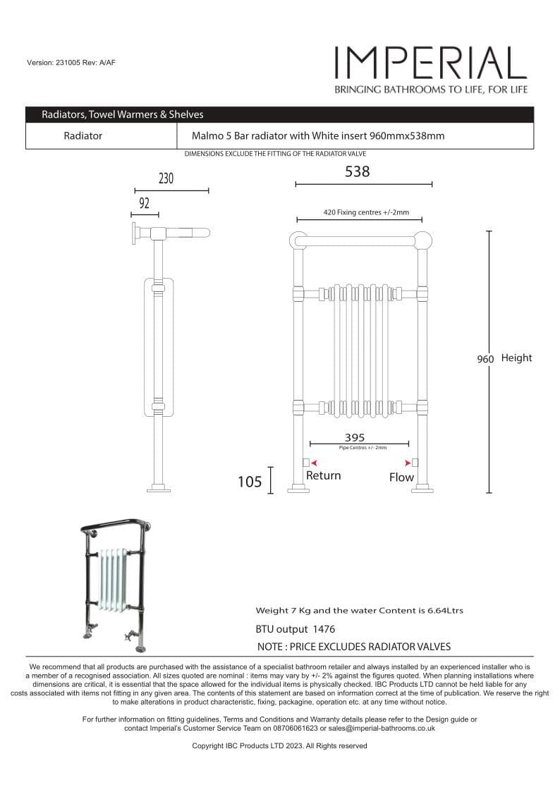 Imperial Insert Radiators Imperial Malmo 5 Bar Traditional Radiator - 960 x 538 - Chrome/White - Central Heating - RAD0120100