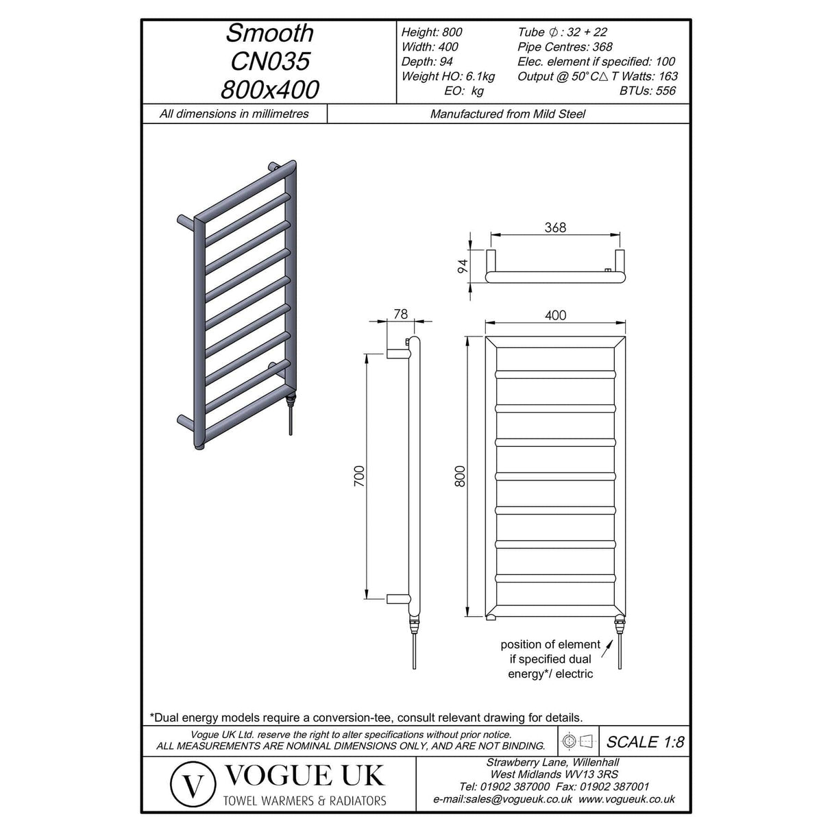 Vogue Designer Towel Radiators Vogue Smooth Straight Vertical Designer Towel Rail in Chrome 800 x 400 / Electric Only