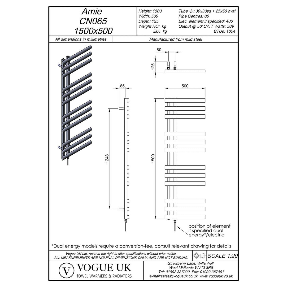 Vogue Designer Towel Radiators Vogue Amie Designer Heated Towel Rail in Chrome 1500 x 500 / Electric Only