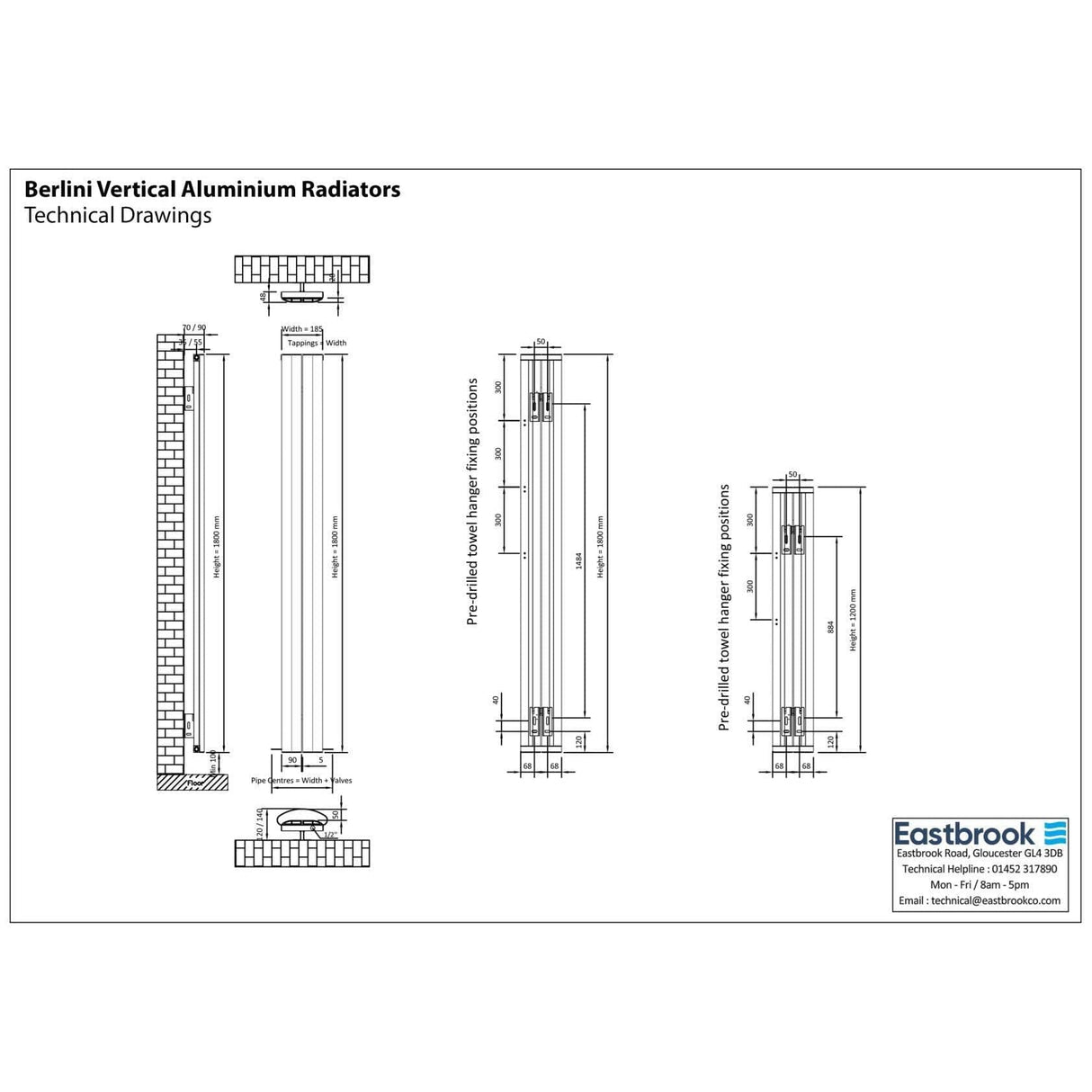 Eastbrook Panel Radiators Eastbrook Berlini Straight Vertical Aluminium Radiator in Polished Aluminium