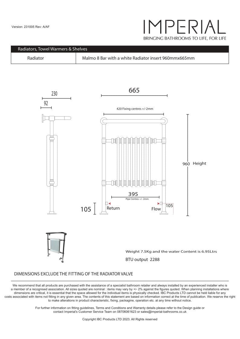 Imperial Insert Radiators Imperial Malmo 8 Bar Traditional Radiator - 960 x 665 - Chrome/White - Central Heating - RAD0110100