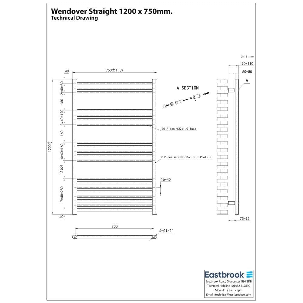 Eastbrook Ladder Rail Eastbrook Wendover Straight Vertical Heated Towel Rail in Matt Black