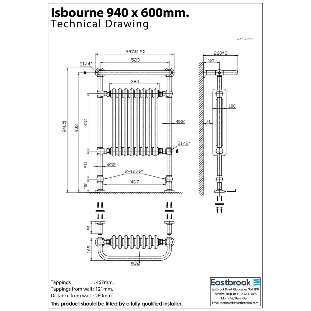 Eastbourne Inset Radiator Eastbrook Isbourne Straight Vertical Traditional Radiator in Brushed Brass/Gloss White